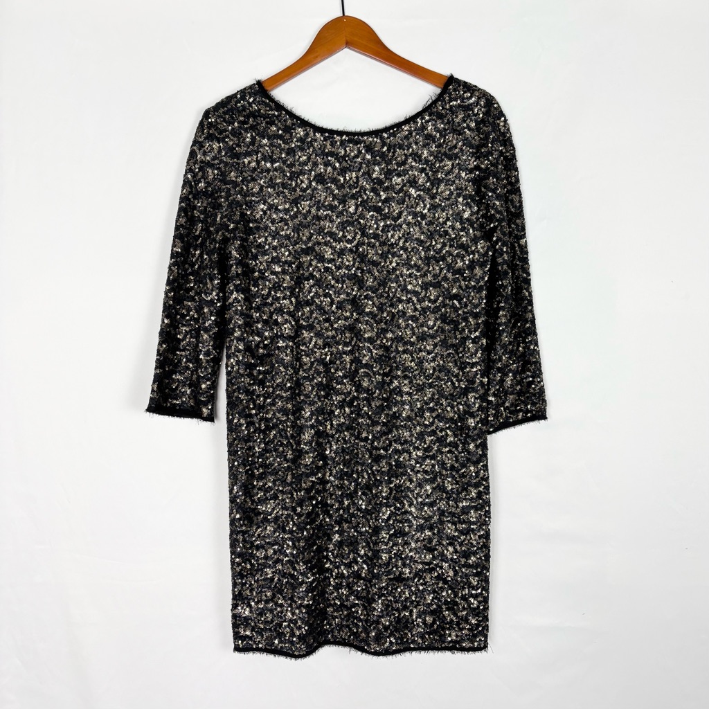 Zadig And Voltaire Rousse Sequin Deluxe Mini Dress 3/4 Sleeve Black Gold Size M